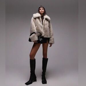 Topshop cropped Cream Faux Fur Jacket